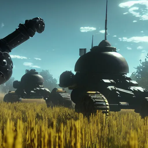 Image similar to a high resolution image from nier : automata, featuring 9 s android fighting an armoured vehicles column in yellow rye field under pure blue skies