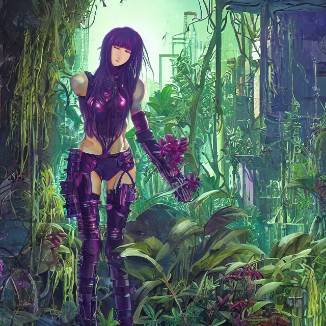 Image similar to the cyberpunk princess overgrown by plants. this oil painting by the award - winning mangaka has interesting color contrasts, plenty of details and impeccable lighting.