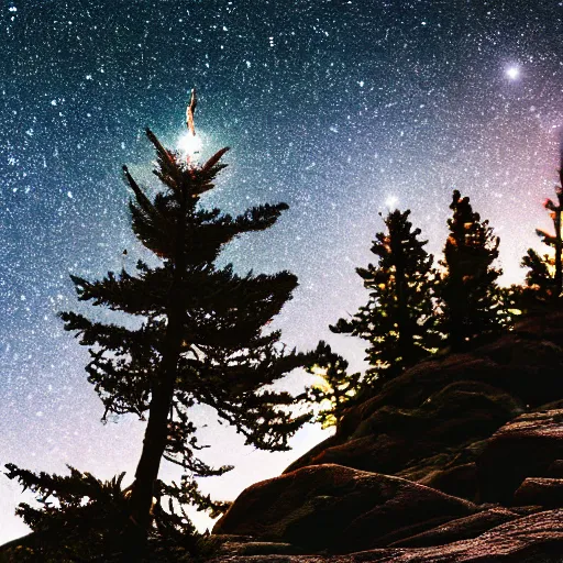 Image similar to a photograph of a pine tree on top of a rocky mountain, star shining in space, highly detailed, sharp focus, cinematic, hyperrealism, photorealistic