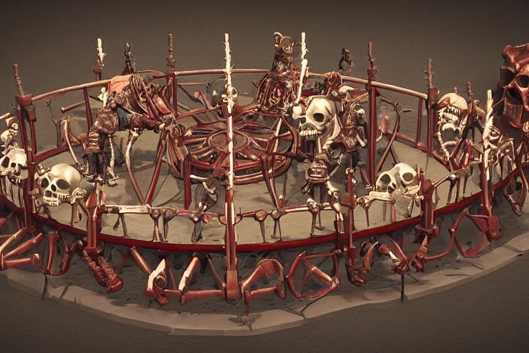 Image similar to 3d sculpt of an evil ironwork carousel made of bones and skulls, artstaton, League of Legends, red dead redemption2, overwatch, digital illustration