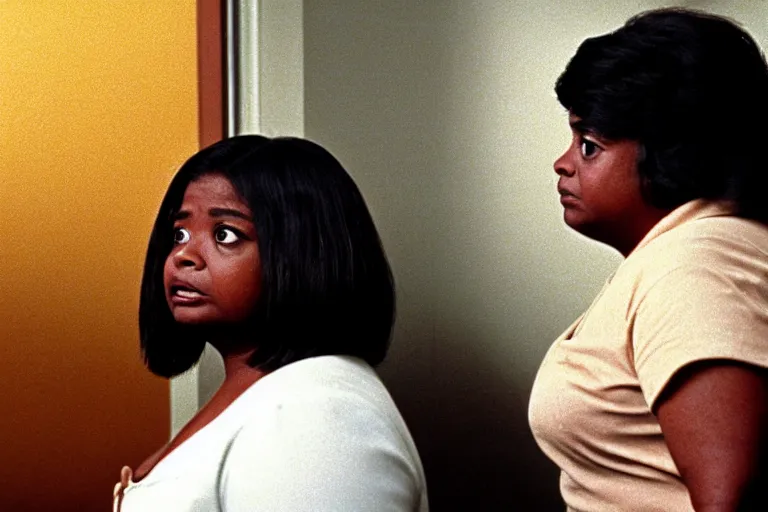 Image similar to cinematic shot from a 1 9 8 5 paranoid thriller, screenshot of octavia spencer confronts at senator joe manchin's ear, in the near future, motel room film directed by stanley kubrick, color theory, anamorphic lenses, beautiful cinematography, leading lines, photorealistic, volumetric lighting, 4 k