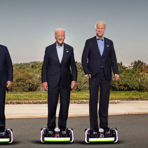 Image similar to A professional photograph of Joe Biden and his bodyguards standing on hoverboards, HDR, 8k,