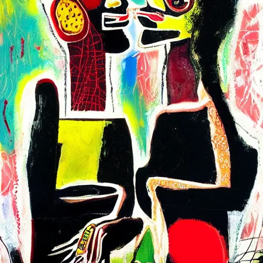 Prompt: beautiful painting of two bizarre psychedelic goth women kissing each other closeup in a cafe in japan, speculative evolution, mixed media collage by basquiat and jackson pollock, magazine collage art, sapphic art, lesbian art