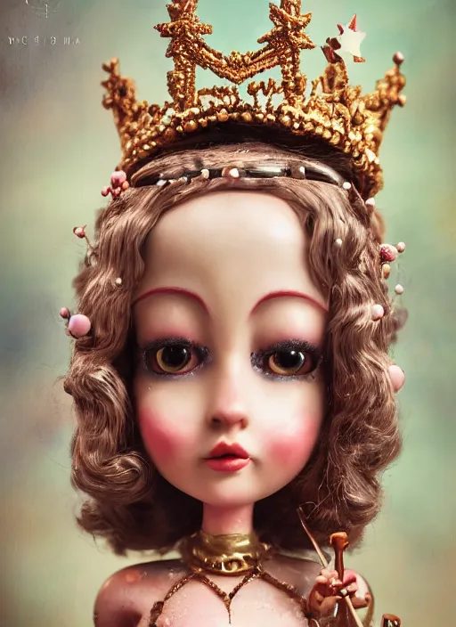 Image similar to closeup face profile portrait of a tin toy fairytale princess wearing a crown eating cakes, bikini, depth of field, zeiss lens, detailed, symmetrical, centered, fashion photoshoot, by nicoletta ceccoli, mark ryden, lostfish, breathtaking, 8 k resolution, extremely detailed, beautiful, establishing shot, artistic, hyperrealistic, octane render
