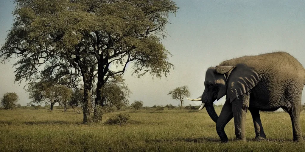 Image similar to photo of an elephant with trees growing from it top spine, in the background, a dead field of cut down trees