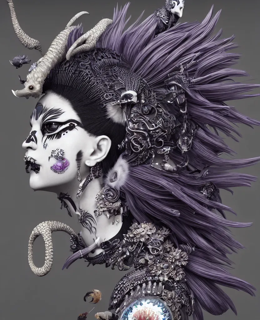 Image similar to 3 d goddess close - up profile portrait punk with mohawk with ram skull. beautiful intricately detailed japanese crow kitsune mask and clasical japanese kimono. betta fish, jellyfish phoenix, bio luminescent, plasma, ice, water, wind, creature, artwork by tooth wu and wlop and beeple and greg rutkowski