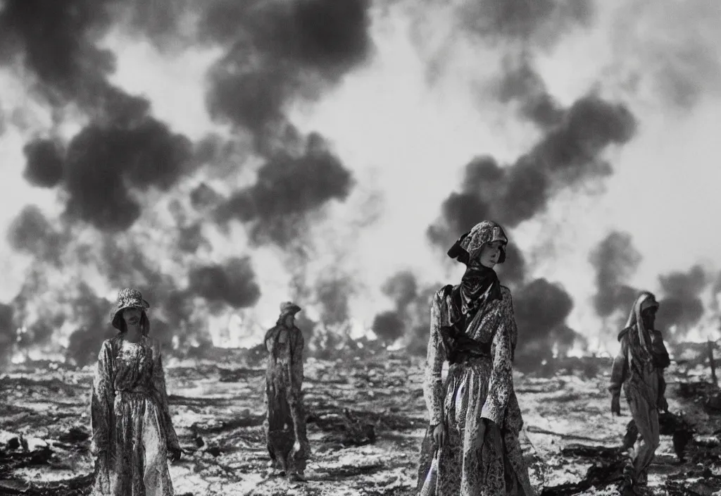 Image similar to fashion editorial in Kuwait oil fields burning fire 1991. highly detailed. depth of field. high definition. 8k. photography.