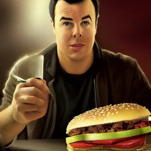 Image similar to hyperrealistic mixed media image of seth macfarlane eating a cheeseburger, stunning 3 d render inspired art by istvan sandorfi and greg rutkowski, perfect facial symmetry, realistic, highly detailed attributes and atmosphere, dim volumetric cinematic lighting, 8 k octane extremely hyper - detailed render, post - processing, masterpiece,