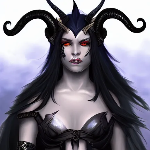 Prompt: portraif of a beautiful female tiefling from dungeons and dragons wearing armor, black long hair, intricate details,