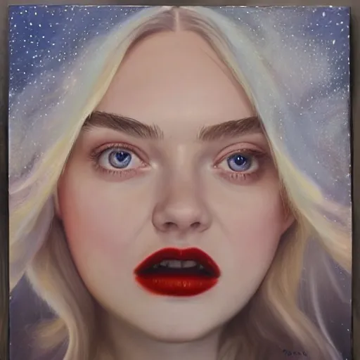 Prompt: a striking hyper real oil painting of Elle Fanning with cybernetics, dark, candle lighting, stars in the sky,