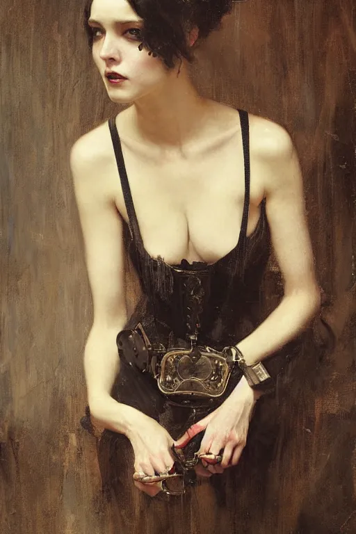 Image similar to Richard Schmid and Jeremy Lipking and Roberto Ferri full length portrait painting of a young beautiful victorian steampunk goth woman