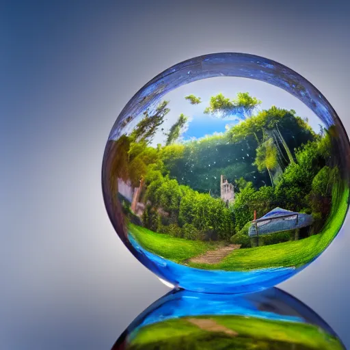 Image similar to macro photo of a castle inside a water sphere, depth of field, higly detailed photo