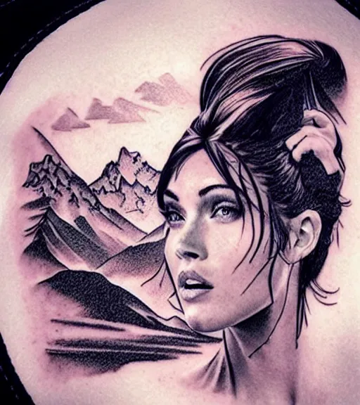 Image similar to double exposure effect tattoo design sketch of megan fox with beautiful mountain scenery, realism tattoo, in the style of matteo pasqualin, amazing detail, sharp