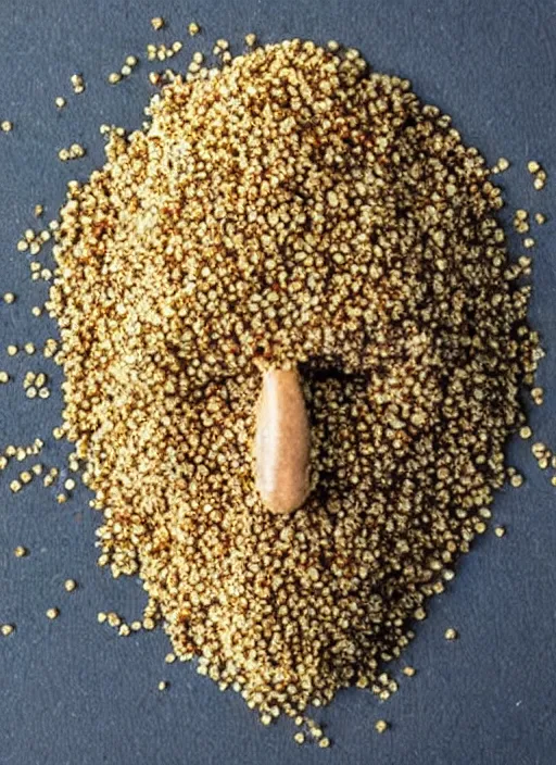 Image similar to a pile of quinoa seeds in the shape of keanu reeves