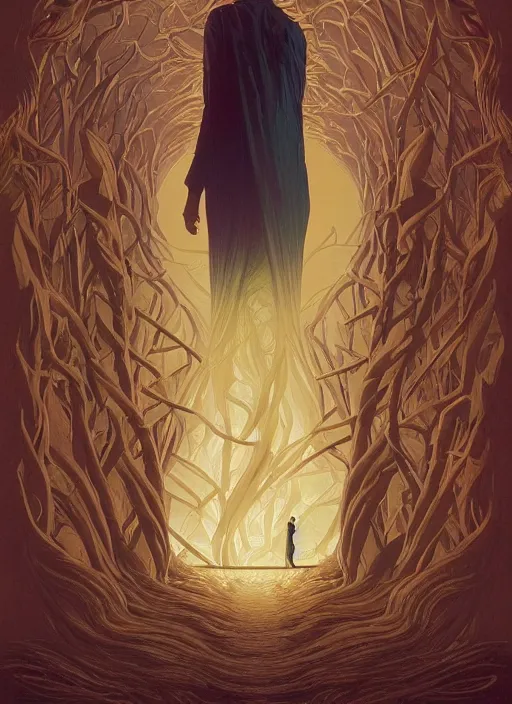 Image similar to poster artwork by Michael Whelan and Tomer Hanuka, Karol Bak of Build-ups to drastic shock, hidden beautifully in the shadows, such naturistic divine encircling all of the suspense and psychological terror., from scene from Twin Peaks, clean, simple illustration, nostalgic, domestic, full of details