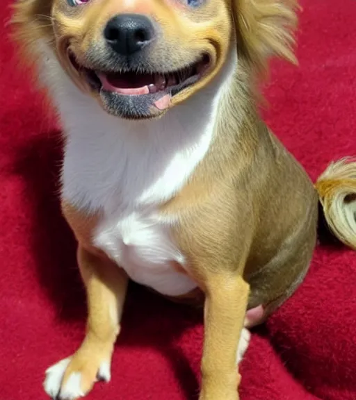 Image similar to fully grown tan pit bull, long - haired chihuahua, pomeranian mix