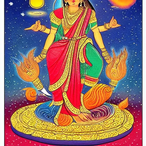 Prompt: hindu mythology sacred illustration | As you chant, so I weave my voice. I craft my strings of fire, I fill the world with my own sweet sound. The stars themselves, the ends of the land, the wind, even the place where the light goes out all bend to worship me