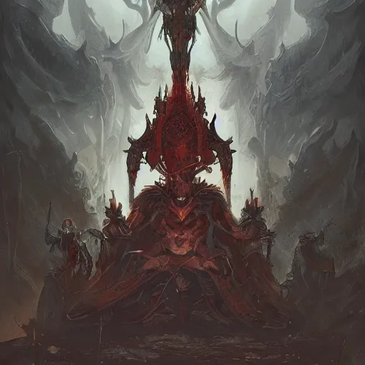 Prompt: Gigantic Satan sits on his throne , while his soldiers stand watch , humans bow on their knees , concept art, detailed intricate ink illustration, dark atmosphere, detailed illustration, hd, 4k, digital art, overdetailed art, concept art, by greg rutkowski, by loish, complementing colors, Trending on artstation, deviantart