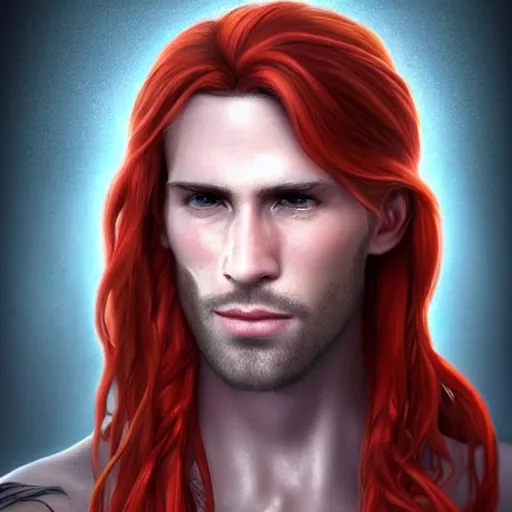 Image similar to portrait of a handsome!!!!! male ship captain with long red hair!!!!!!, 30 years old, upper body, ethereal, muscular, friendly, playful, D&D, hairworks, Unreal 4, fantasy, elegant, highly detailed, digital painting, hairworks, deviantart, artstation, concept art, sharp focus, dramatic lighting, illustration, art by Artgerm and Greg Rutkowski and Alphonse Mucha