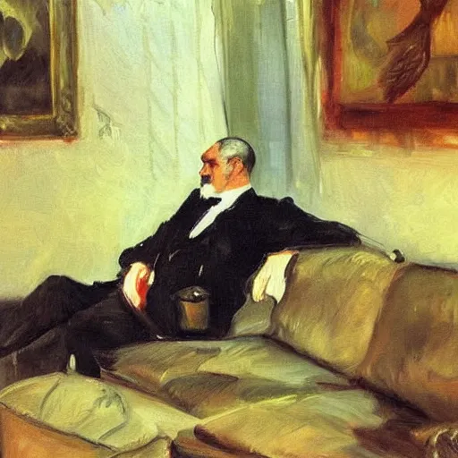Prompt: an owl man sitting on a couch smoking a pipe, realistic masterpiece by Sorolla