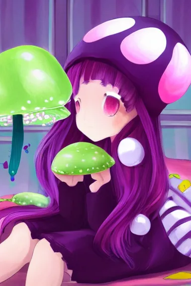 Image similar to a beautiful little girl wearing a mushroom hat sitting on her bed petting a frog in her lap | | purple hair, pretty face, sharped details, in ryuuou no oshigoto art style, trending on pixiv, anatomically correct