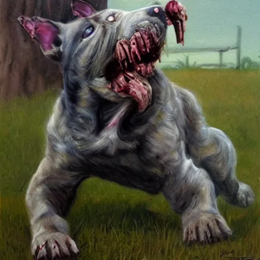 Image similar to a zombie puppy holding a gun. Painting by James Gurney