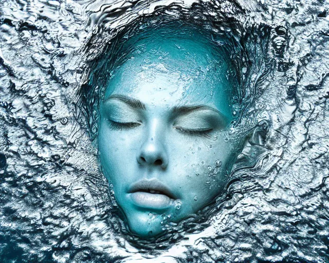 Prompt: water art manipulation of a surreal human head with open eyes burried in the ocean, shot from above, hyper realistic, ray tracing, realistic water, sharp focus, 8 k resolution, cinematic