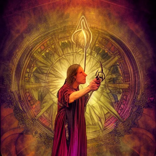 Image similar to a wizard is casting a magic spell, mystic, fantasy, magic, award winning photography, hdr, studio lighting medium close shot, mucha style,