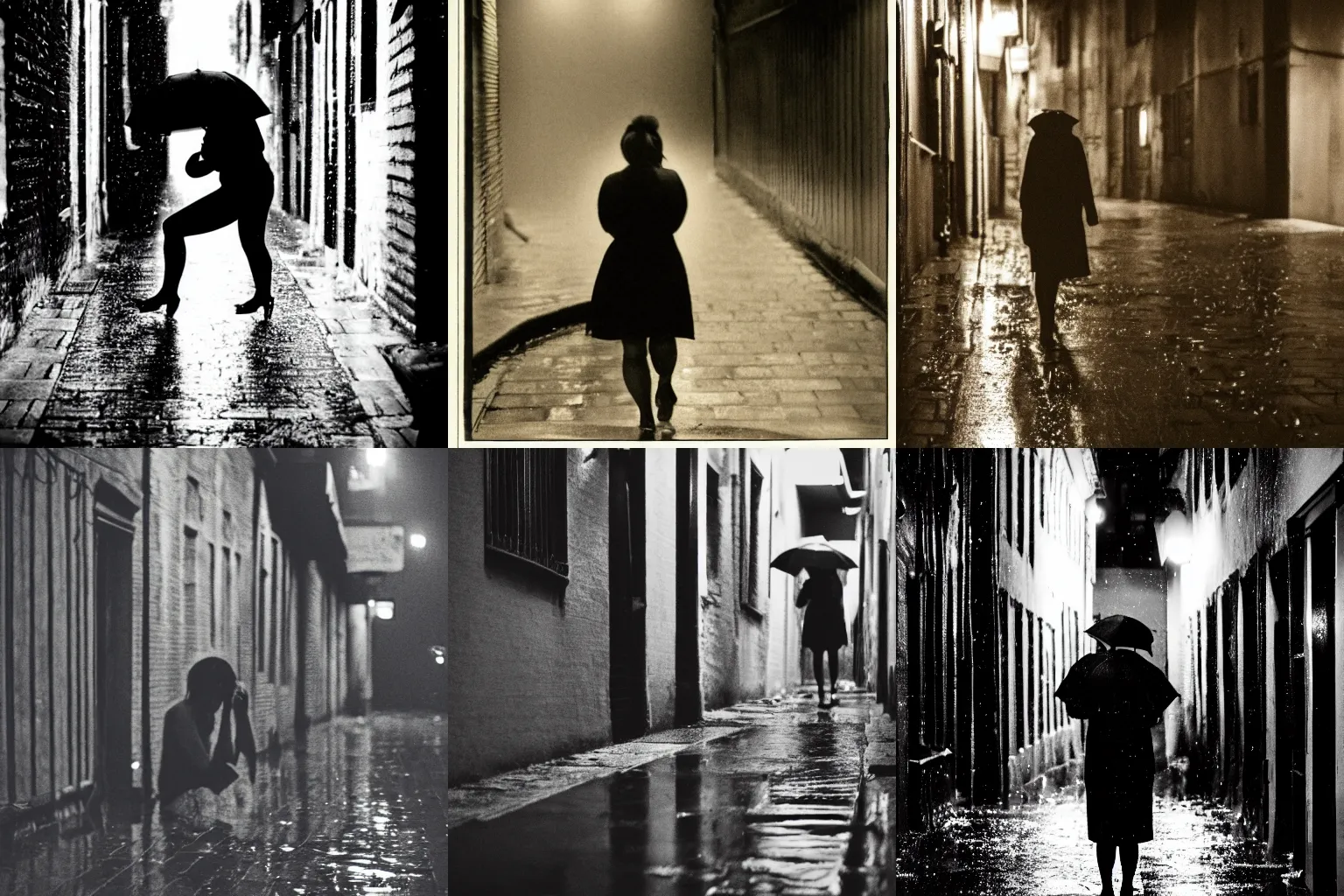 Prompt: a woman crying in a rainy alleyway at night, black and white photograph