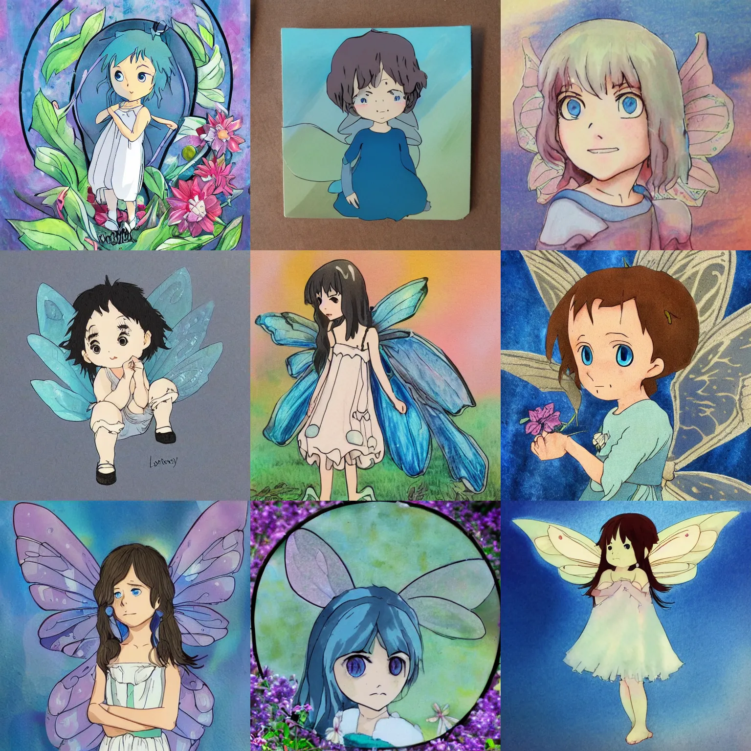 Prompt: small beautiful fairy with blue eyes, in the style of studio ghibli