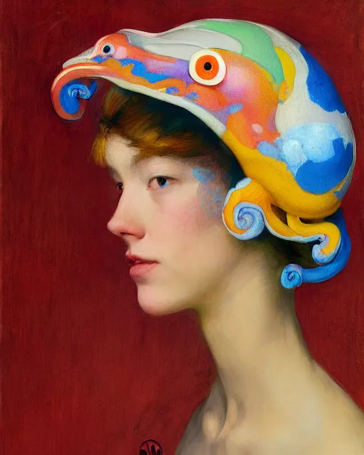 Image similar to a beautiful girl wearing a colourful octopus as a hat, painted by edgar maxence, edward hopper, wayne barlowe and james gilleard, airbrush, art by jamesjean