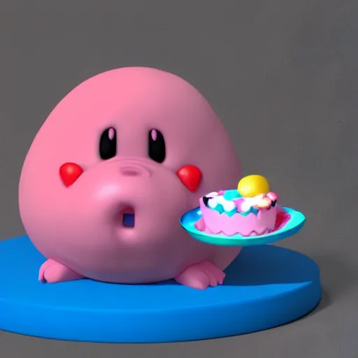 Image similar to a 3 d render of a morbidly obese kirby eating cake