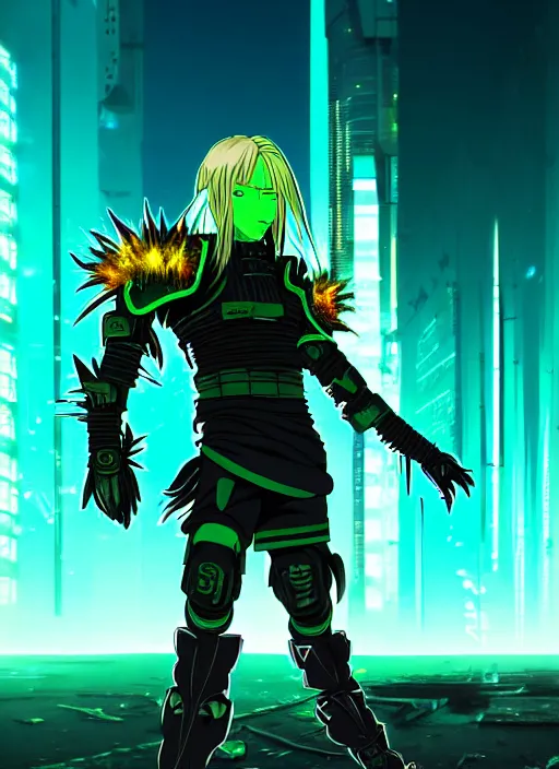 Image similar to a striking cinematic anime full body portrait of a male warrior with long blonde hair and blue eyes wearing evil green spiked cyberpunk armour and standing in the desolate burning ruins of a futuristic city by hirohiko araki and beeple, fine details, digital art, character concept art, volumetric lighting, cinematic light