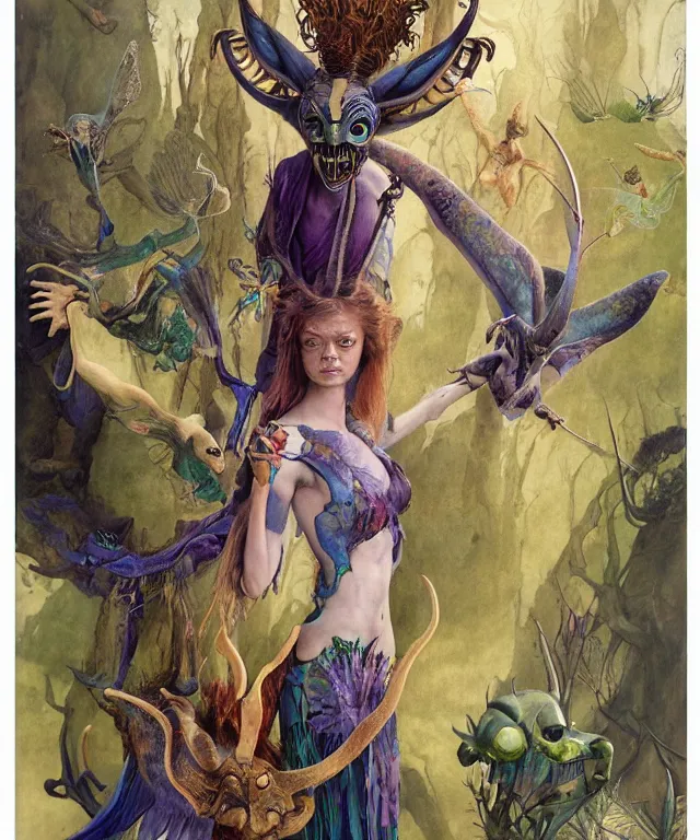 Prompt: a portrait photograph of a meditating fierce sadie sink as a colorful harpy antilope super villian with amphibian blue skin. her body is transformed into an alien beast. by donato giancola, hans holbein, walton ford, gaston bussiere, peter mohrbacher and brian froud. 8 k, cgsociety, fashion editorial