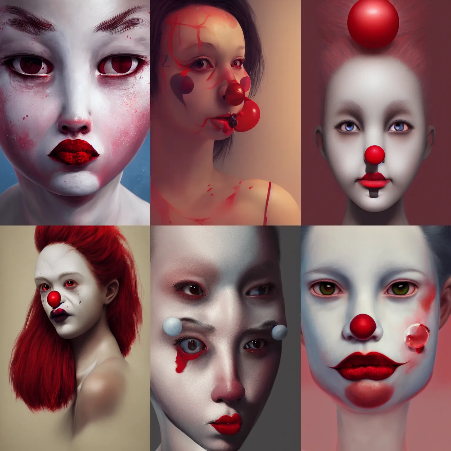 Prompt: detailed painting of clown girl ,red nose, piercing eyes, art by Hsiao-Ron Cheng, hyperrealistic, octane render, ambient light, dynamic lighting
