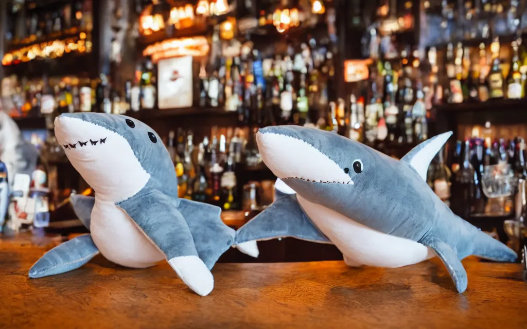 Prompt: Shark plush ordering a beer at a bar, stuffed toy, fish, dim lighting, 50mm, depth of field, beer