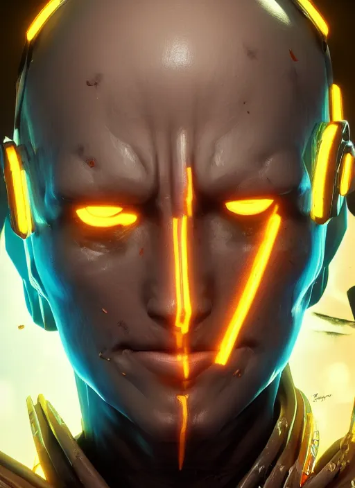 Image similar to glowwave portrait of saitama from borderlands 3, au naturel, hyper detailed, digital art, trending in artstation, cinematic lighting, studio quality, smooth render, unreal engine 5 rendered, octane rendered, art style by klimt and nixeu and ian sprigger and wlop and krenz cushart.