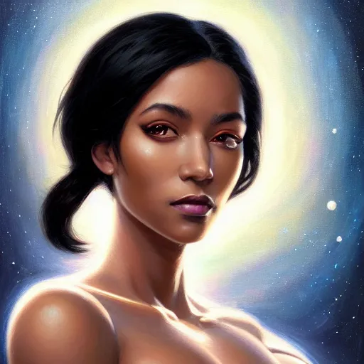 Prompt: a portrait of a very BIPOC beautiful woman in a spacesuit, brown eyes, shoulder-length black hair, Alexandria's genesis, bored, illustration, soft lighting, soft details, painting oil on canvas by mark arian by artgerm, trending on artstation, 4k, 8k, HD