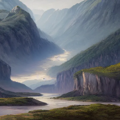 Image similar to a beautiful painting of a scene about a panorama of rivers and mountains, by victo nagi and yuumei and james jean, trending on artstation., ultrawide viewn and highly detailed matte painting - h 6 4 0 - w 1 2 8 0