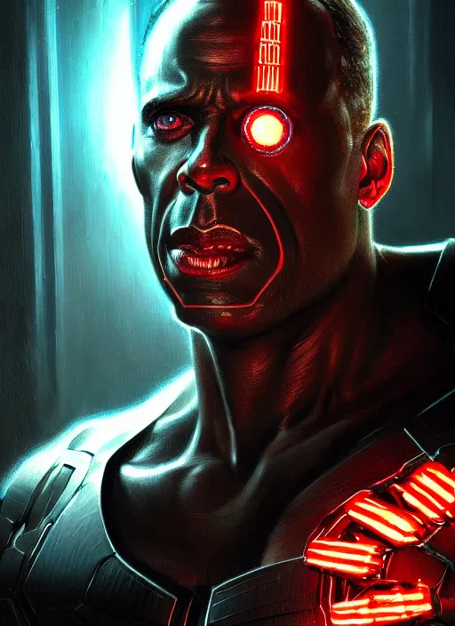 Image similar to nicolas cage as marvel's deathlok, intricate, elegant, glowing lights, highly detailed, digital painting, artstation, glamor pose, concept art, smooth, sharp focus, illustration, art by artgerm and greg rutkowski, artey freytag