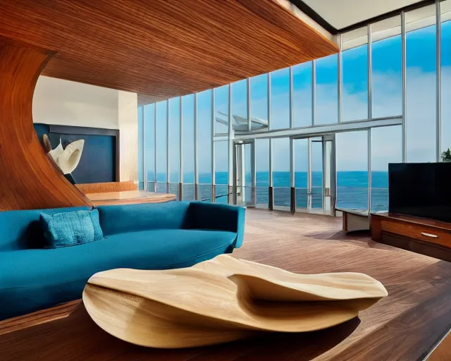 Image similar to A modern living room inspired by the ocean, a luxurious wooden coffee table with large seashells on it, amazing detail, 8k resolution, blue color, calm, relaxed style, harmony, wide angle shot