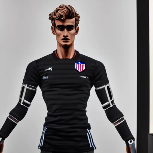 Image similar to a realistic detailed photo of a guy who is an attractive humanoid who is half robot and half humanoid, who is a male android, soccer player antoine griezmann, shiny skin, posing like a statue, blank stare, in a living room, on display, showing off his muscles