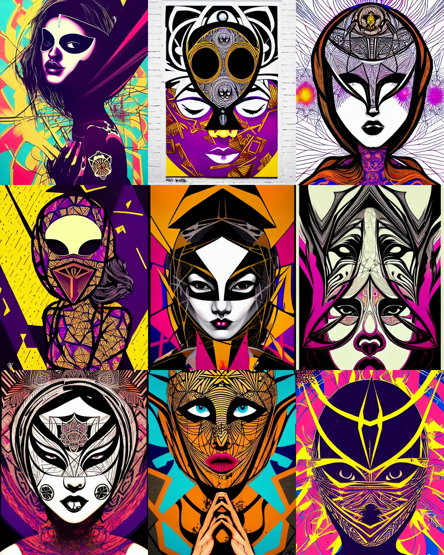Prompt: masked girl, shards and fractal of infinity, graffiti, highly detailed, simple, no jagged lines, smooth, artstation, centered artwork by shepard fairey