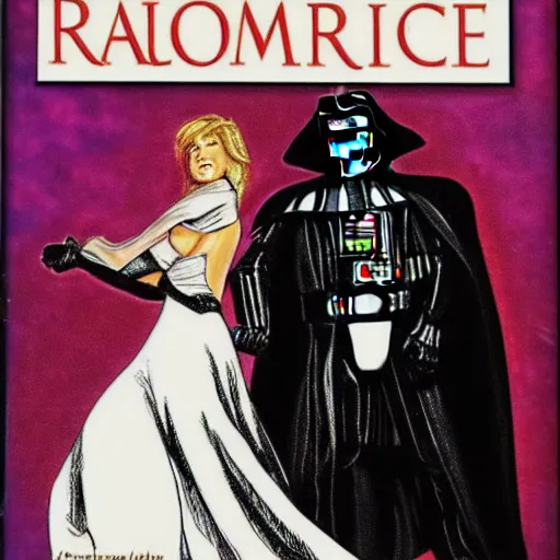 Prompt: a romance novel cover from 1 9 8 3, paperback, drawing, trump and darth vader on the cover, romantic