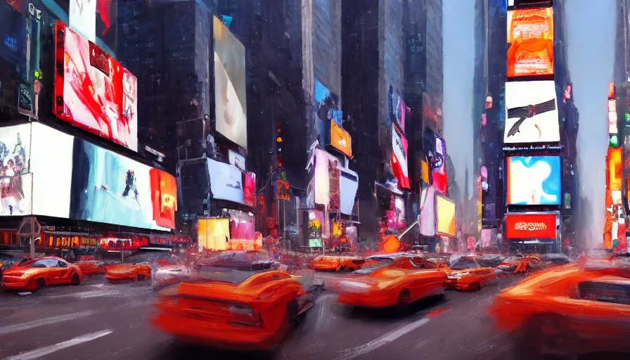 Image similar to times square cinematic shot, oil painting by jama jurabaev, extremely detailed, brush hard, artstation, for aaa game, high quality, brush stroke