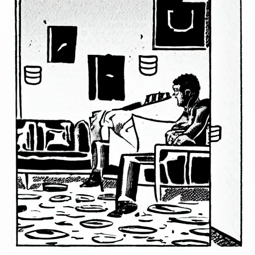 Prompt: a guy sitting on the sofa drinking many beers, Stray Bullets comic