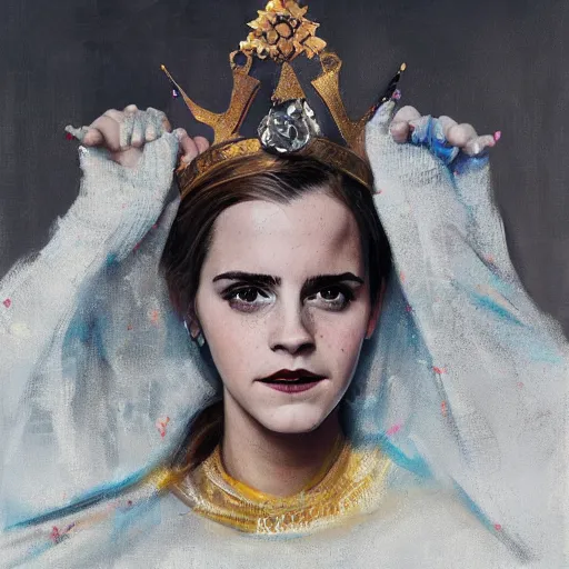 Image similar to full body emma watson wearing crown on head wearing royal hoodie by Sandra Chevrier by Richard Schmid by Jeremy Lipking by moebius by atey ghailan