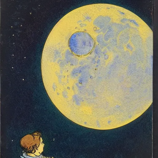Image similar to dan morris celestial smiling moon talking portrait, side view, surrounded by clouds, illustrated by peggy fortnum and beatrix potter and sir john tenniel