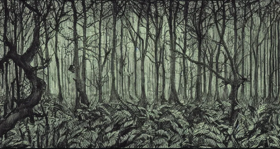 Prompt: A dense and dark enchanted forest with a swamp, by Raymond Briggs