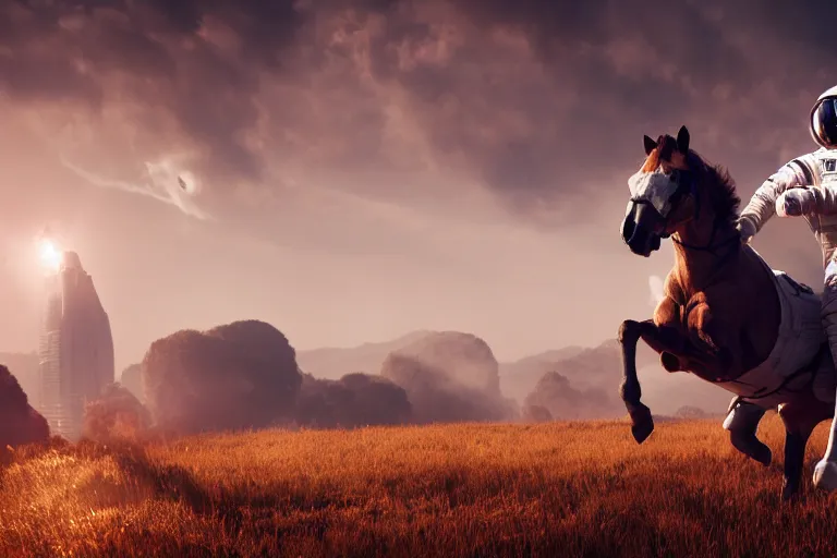 Prompt: astronaut is under the horse, 4 k, ultra details, cinematic, epic style, beautiful photo, hyper realistic, octane render, unreal engine, award winning, on artstation, volumetric lightning, masterpiece, golden hour,